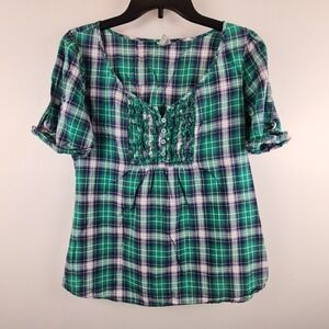 6 Degrees Womens Green Plaid Ruffle Front Puff Sleeve Cotton Blouse M Grunge Y2K